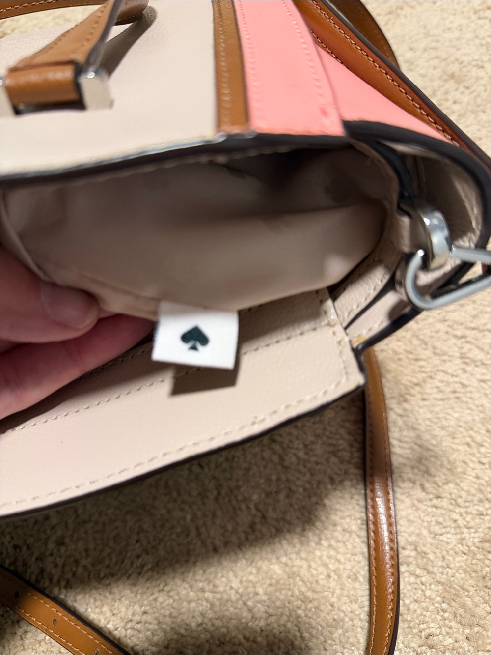 Kate Spade Cream, Peach & Brown Leather Satchel with crossbody strap - Picture 11 of 16